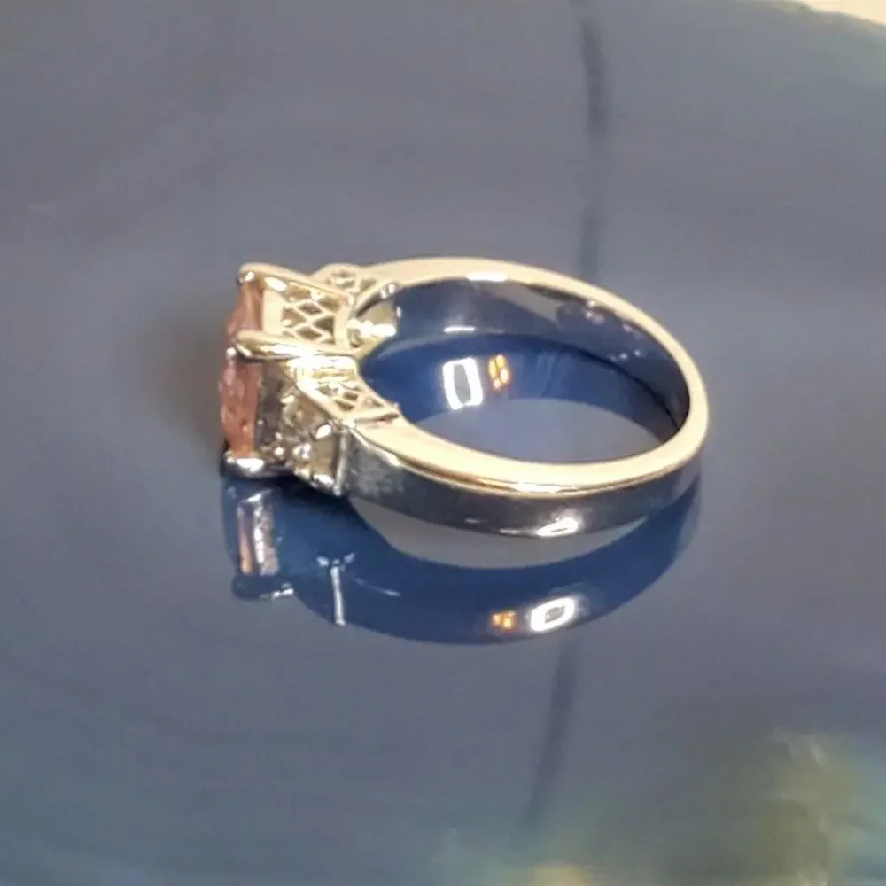 Faux White Gold Pink Crystal Princess Cut Cocktail Ring 6.5
